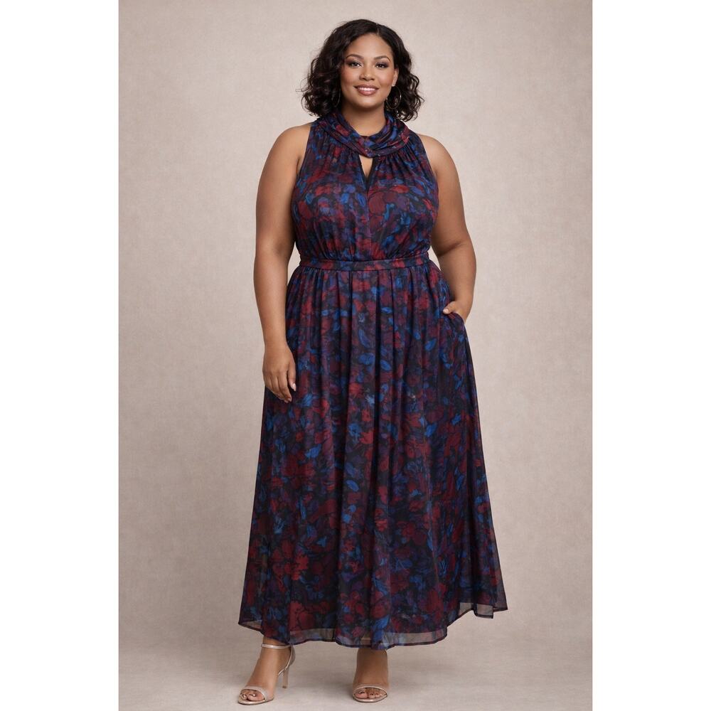 Anne Klein 24W Midi Dress NWT Burgundy Blue Metallic Chiffon